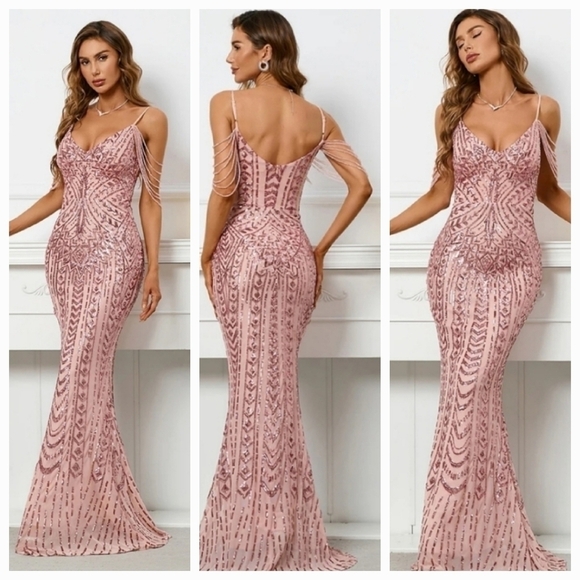 Pink, Cami, Backless,  Fringe Sleeves,  Contrast Sequined Mermaid Gown - Picture 2 of 16